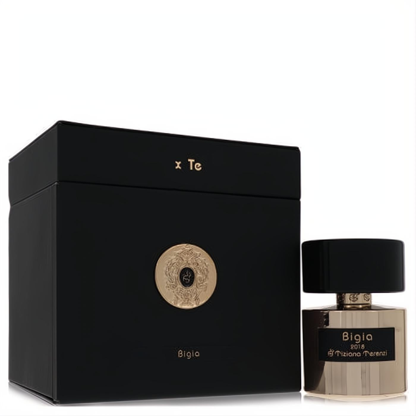Elegant Bigia Tiziana Terenzi 3.38 oz perfume in a gold metallic bottle next to its luxurious black box with a gold emblem.