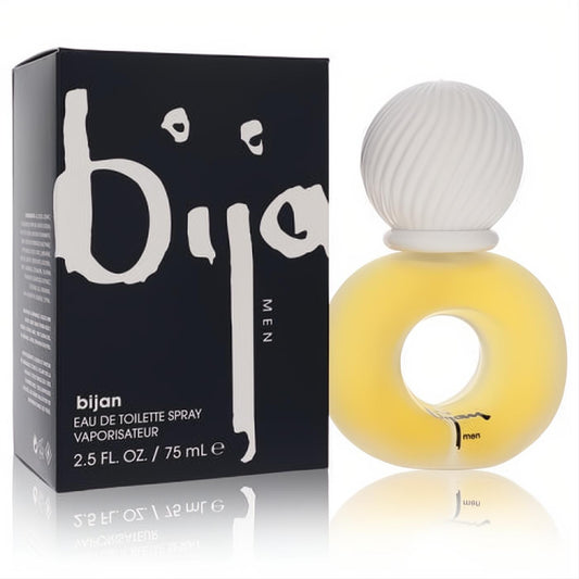 Bijan for Men 2.5 oz EDT spray: iconic frosted yellow ring bottle with white textured cap, beside its sleek black box.