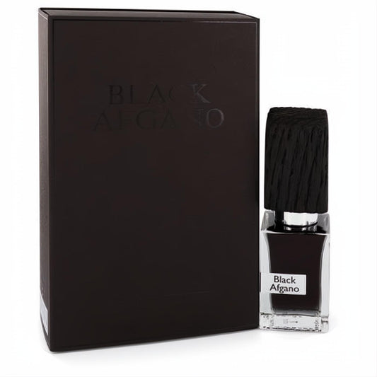 Luxurious Black Afgano 1 oz extrait de parfum. Clear glass bottle with dark liquid, unique textured black cap, and elegant matte black box.