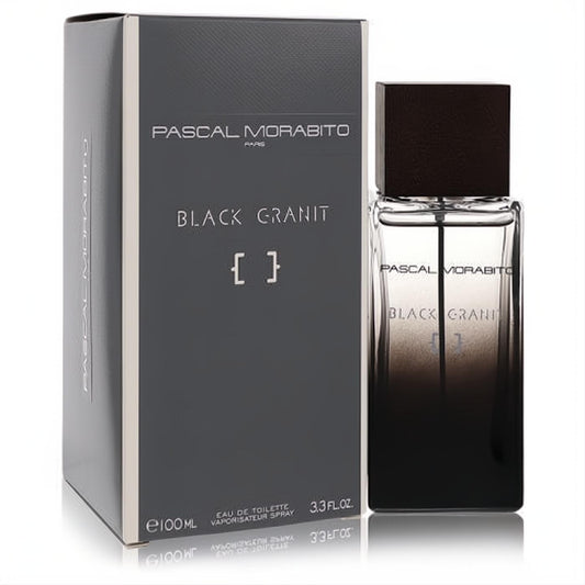 Masculine Black Granit by Pascal Morabito 3.3 oz EDT spray. Features a sleek clear-to-black glass bottle and elegant dark grey box.