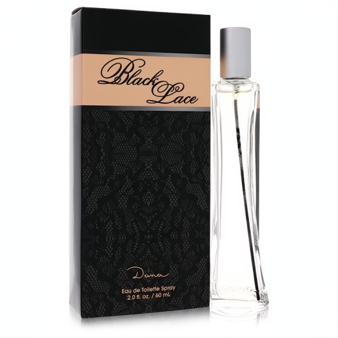 Black Lace by Dana 2 oz EDT. Sleek clear glass bottle, silver cap, elegant black box with peach stripe and lace design.