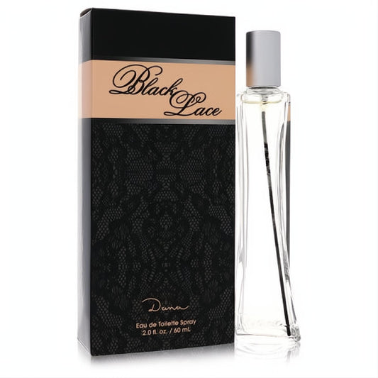 Black Lace by Dana 2 oz EDT. Sleek clear glass bottle, silver cap, elegant black box with peach stripe and lace design.
