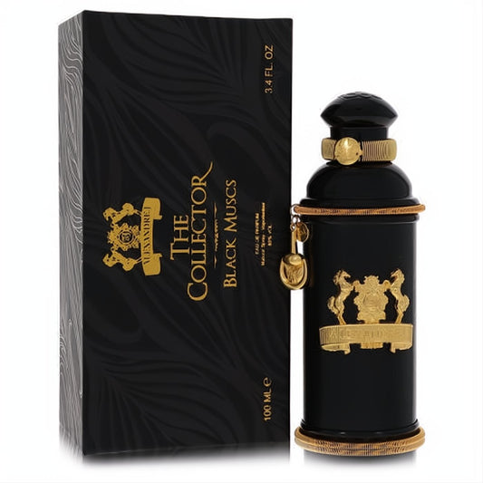 Luxurious Alexandre J. Black Muscs Eau De Parfum 3.4 oz. Ornate black bottle with gold accents and elegant collector's box.