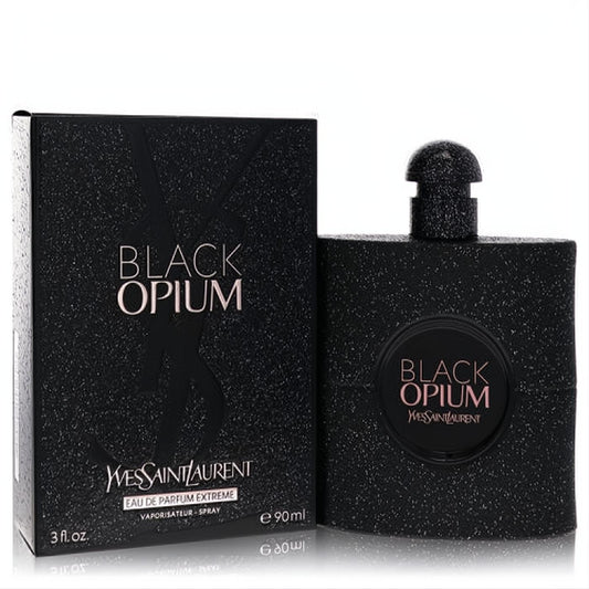 Yves Saint Laurent Black Opium Extreme 3 oz EDP. Luxurious black textured bottle and box with striking pink/white logo.