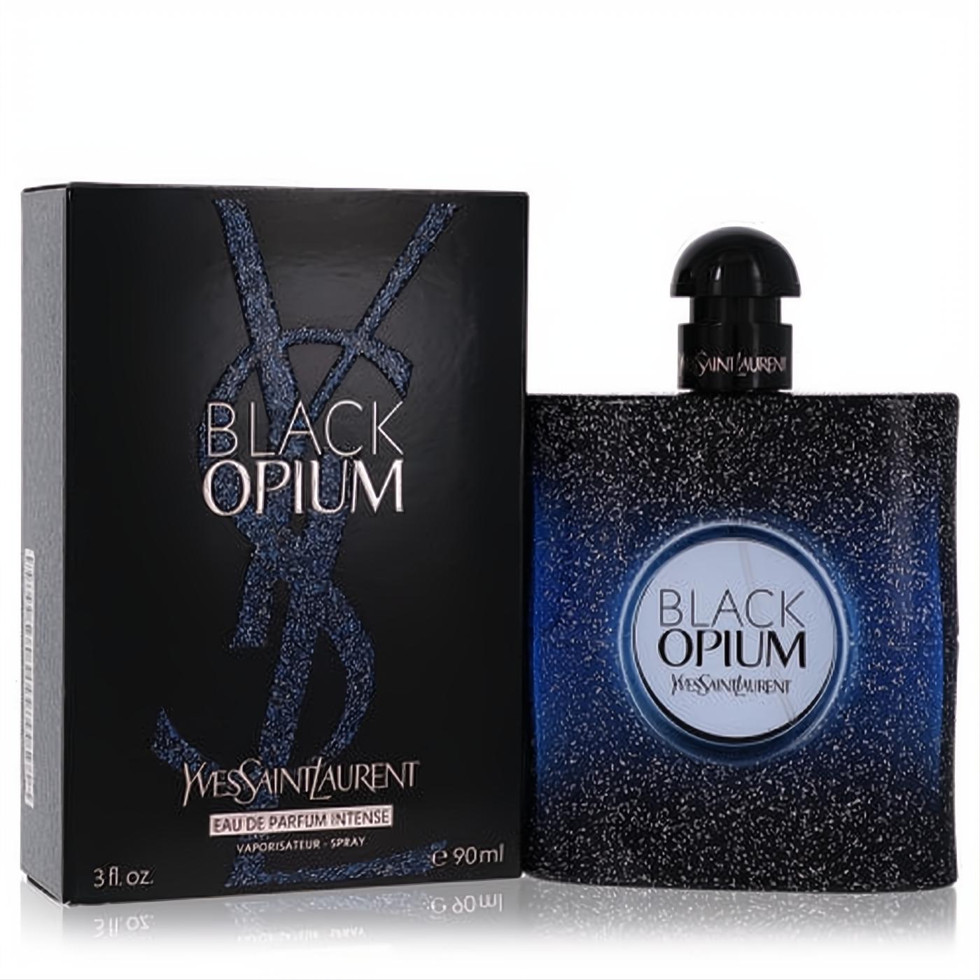 Yves Saint Laurent Black Opium Intense 3 oz EDP. Shimmering black glitter bottle with blue glow, elegant YSL logo box.