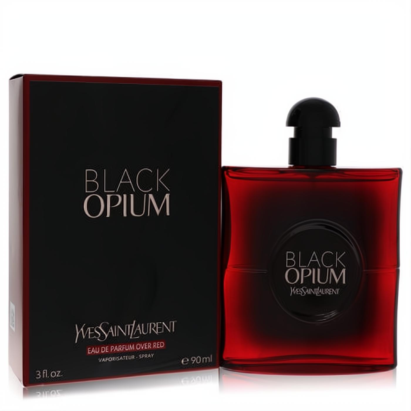 Luxurious Yves Saint Laurent Black Opium Over Red 3 oz EDP spray in a bold red glass bottle and elegant black box.