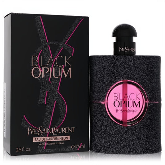 Black Opium YSL Neon Spray 2.5oz EDP. Elegant black textured bottle with vibrant pink neon label and matching box.