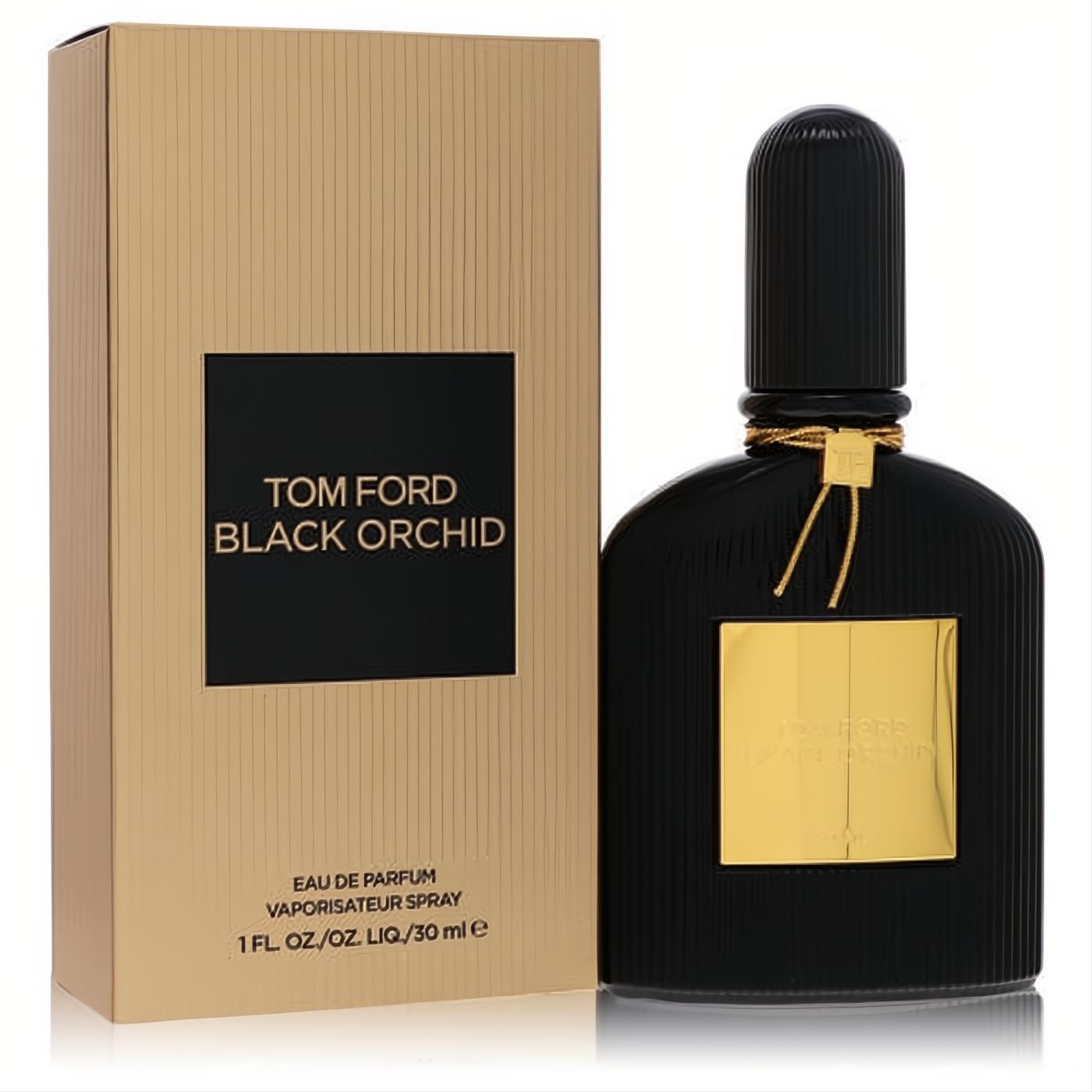 Luxurious Tom Ford Black Orchid 1 oz EDP spray. Elegant black ribbed bottle with gold accents next to its matching gold box.