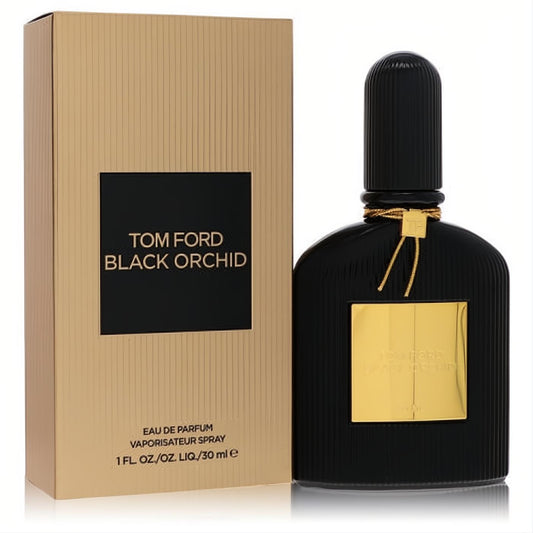 Luxurious Tom Ford Black Orchid 1 oz EDP spray. Elegant black ribbed bottle with gold accents next to its matching gold box.