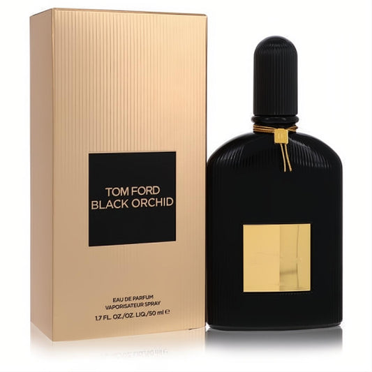 Iconic Tom Ford Black Orchid 1.7 oz Eau De Parfum. Luxurious black ribbed bottle with gold accents and elegant matching gold box.