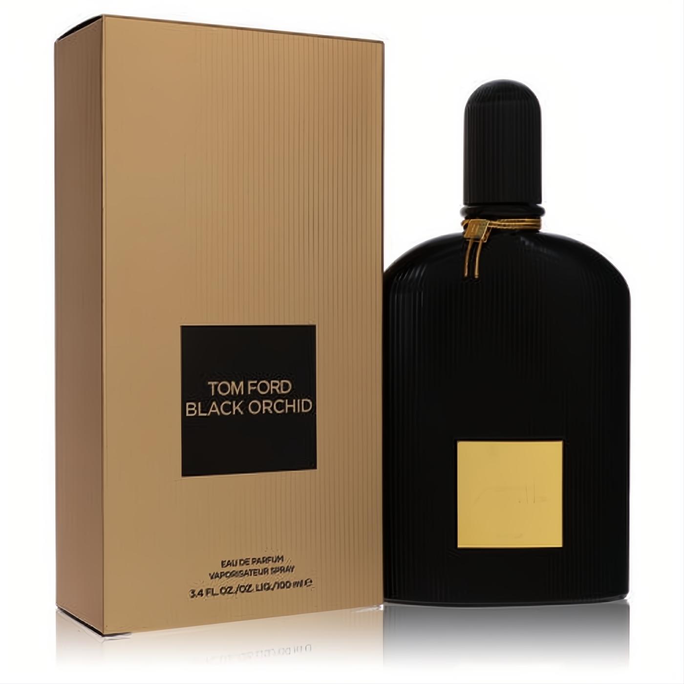 Tom Ford Black Orchid 3.4 oz Eau De Parfum. Elegant black ribbed bottle with gold details, presented with its luxurious gold box.