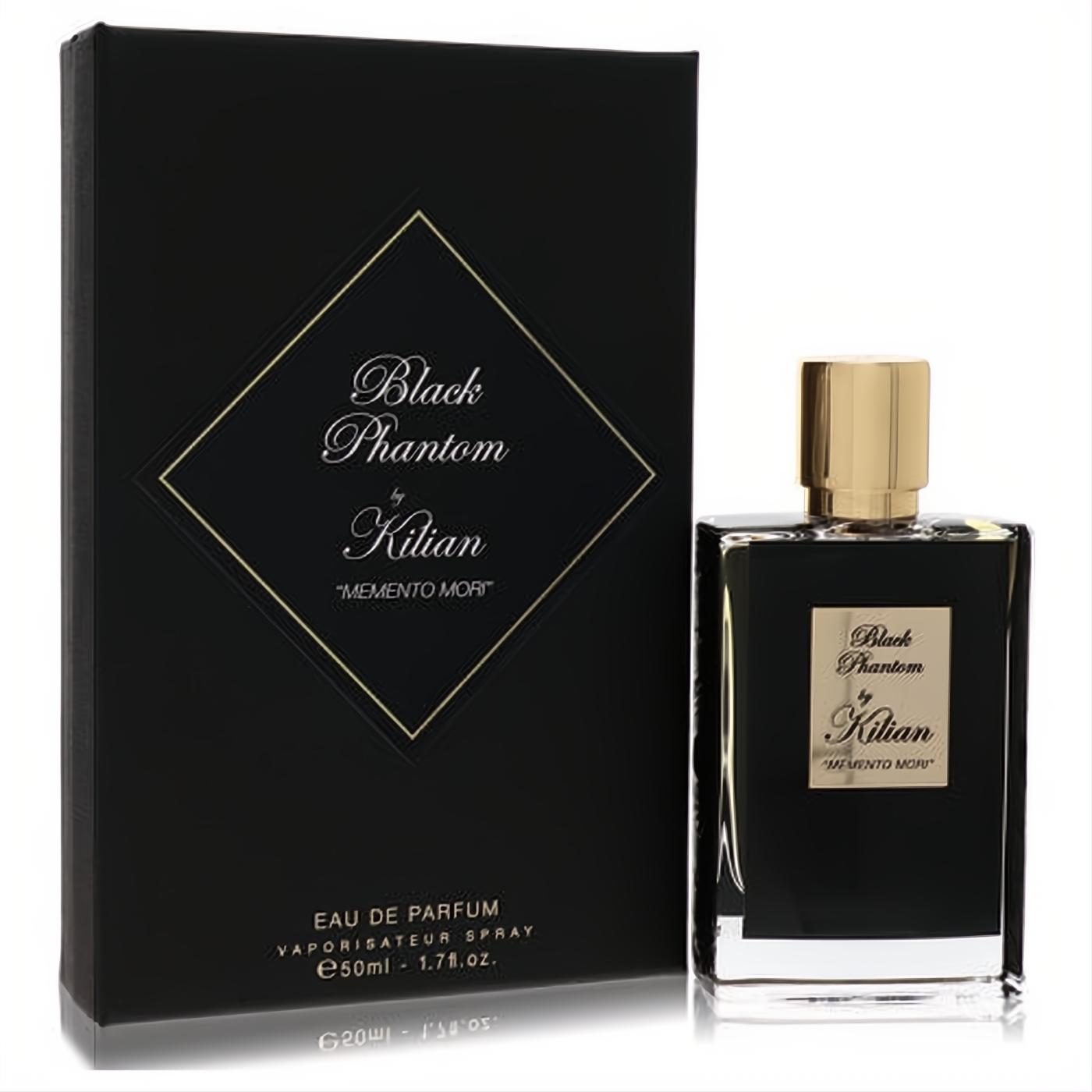 Black Phantom Memento Mori Kilian 1.7 oz Eau De Parfum in a sleek black bottle with a gold cap, beside its elegant black and gold box.