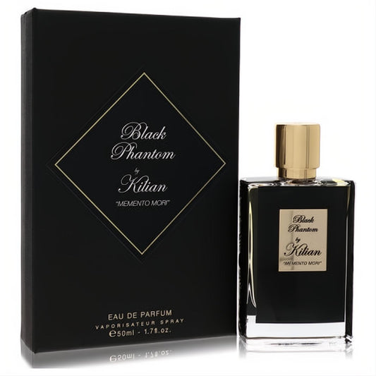 Black Phantom Memento Mori Kilian 1.7 oz Eau De Parfum in a sleek black bottle with a gold cap, beside its elegant black and gold box.