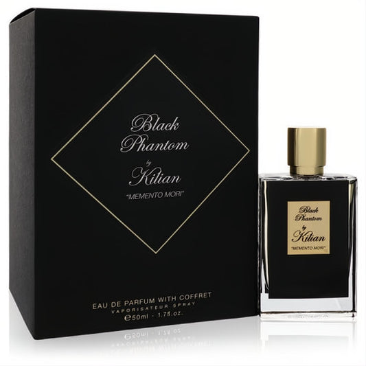 Indulge in Kilian Black Phantom Memento Mori 1.7 oz EDP. Clear glass bottle with gold cap and luxurious black coffret with gold accents.