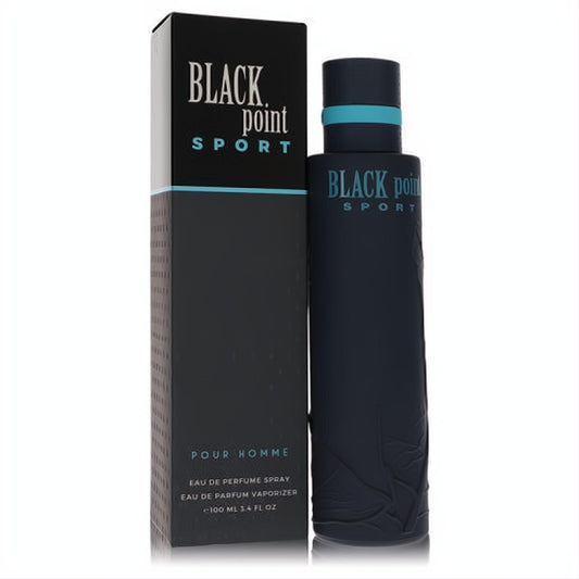 Black Point Sport men's 3.4 oz Eau De Parfum. Sleek matte black bottle with textured design and teal accent band, next to its elegant box.