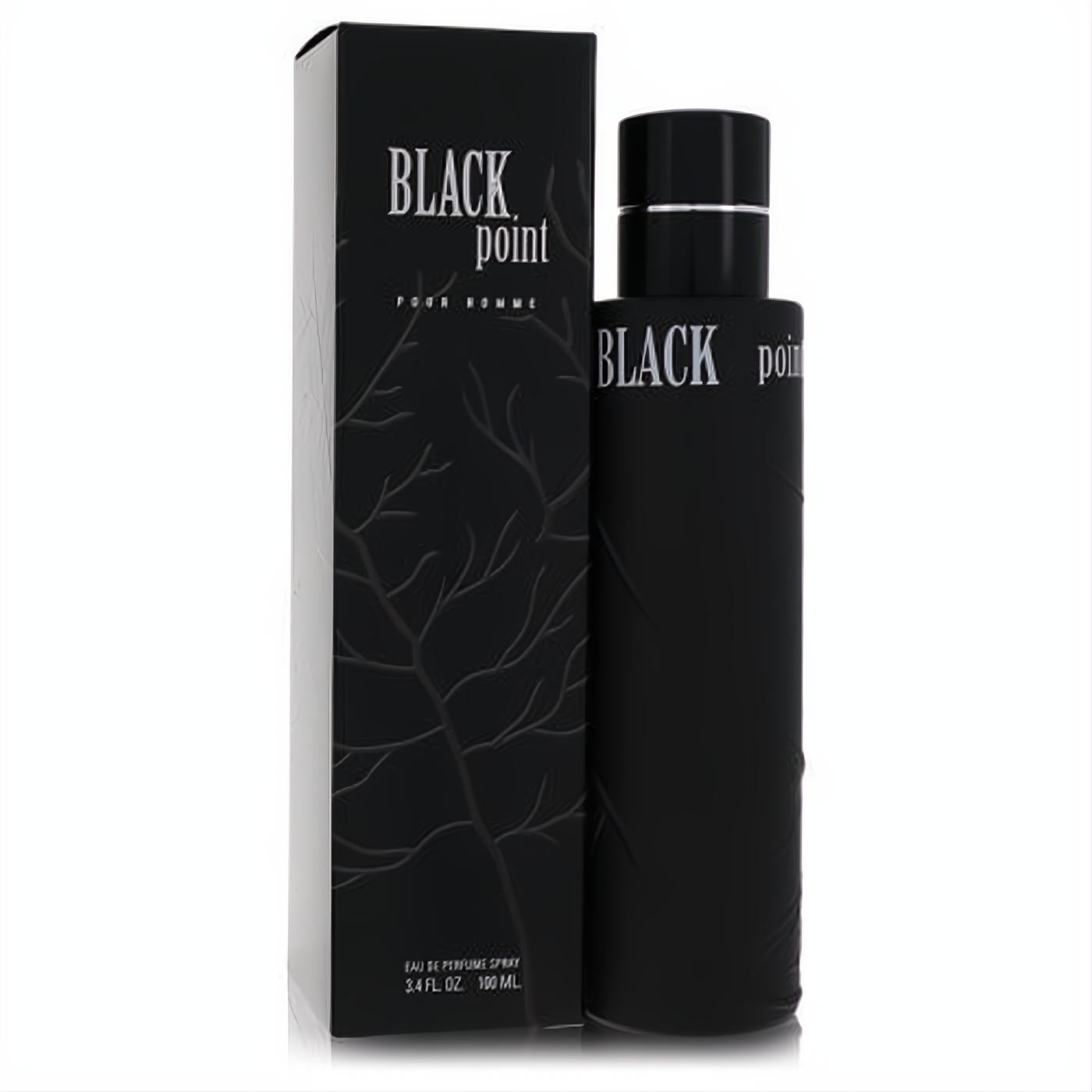 Experience Black Point by YZY Perfume. Sophisticated matte black 3.4 oz men's cologne bottle and elegant box with branch design.