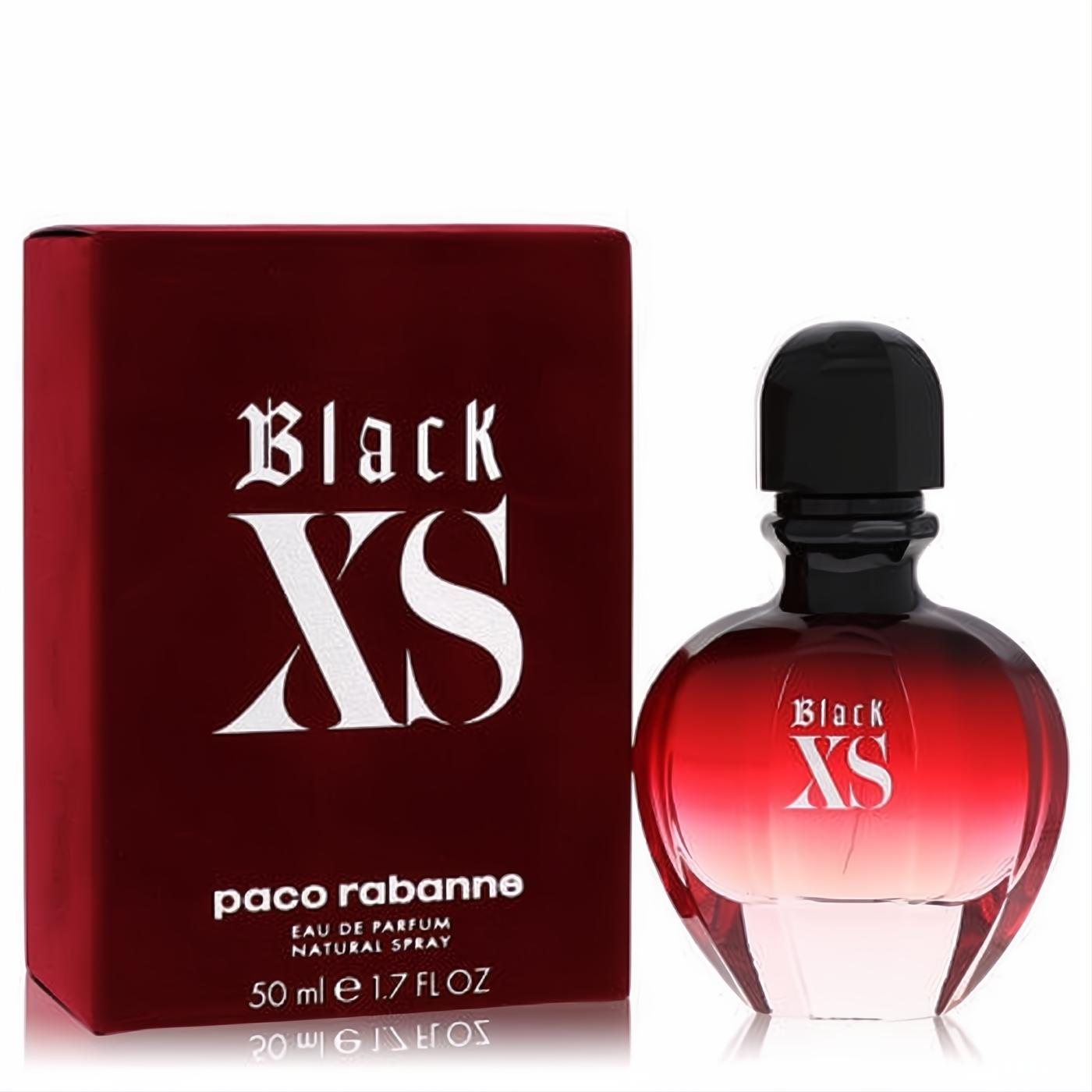 Bold Paco Rabanne Black XS 1.7 oz Eau De Parfum spray in a striking dark red ombre bottle with a sleek metallic red box.