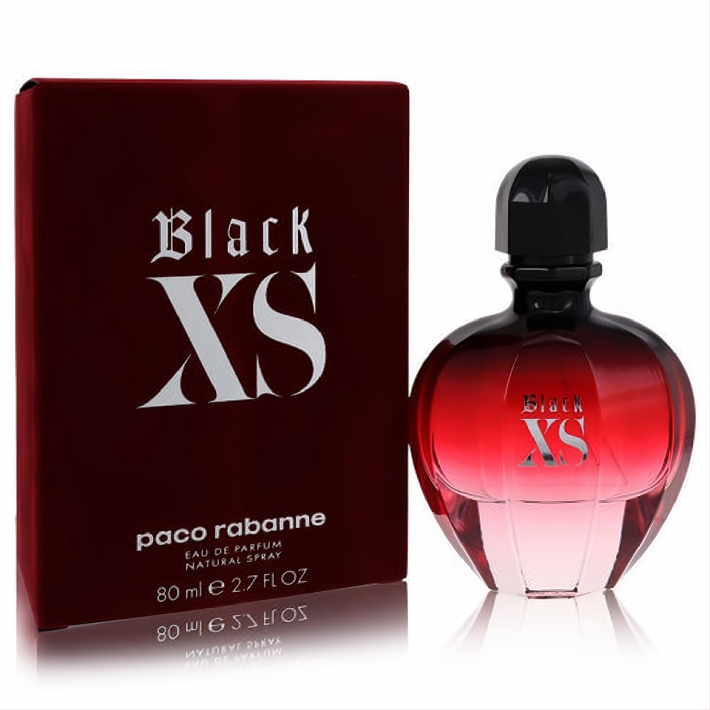 Paco Rabanne Black XS 2.7 oz EDP. Bold dark red gradient bottle with black cap, next to its matching luxurious box.