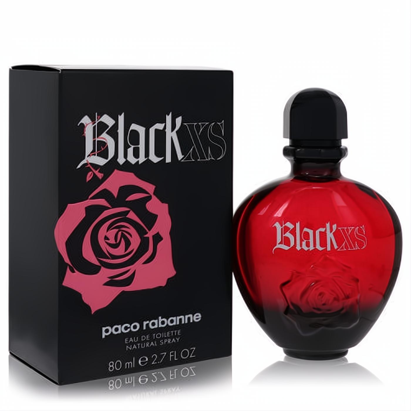 Paco Rabanne Black XS 2.7 oz EDT spray. Bold red bottle with embossed rose, black cap, and matching black box with pink rose design.