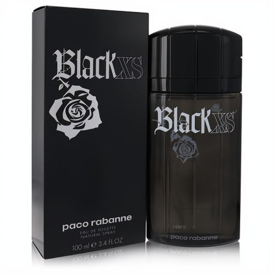 Paco Rabanne Black XS 3.4 oz EDT for men. Bold black bottle and box with iconic gothic font and rose design.