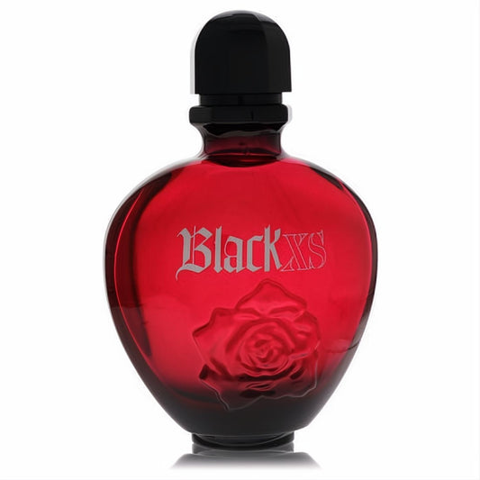Captivating Black XS by Paco Rabanne women's EDT spray in a vibrant red glass bottle with an elegant embossed rose and sleek black cap.