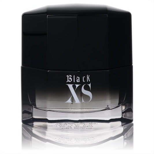 Experience Black XS: a sleek men's fragrance bottle with a bold black faceted cap and clear glass base featuring the iconic logo.