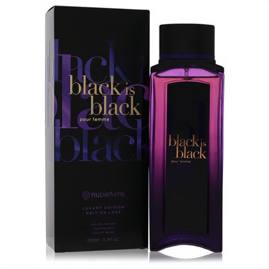 Black is Black Nu Parfums 3.3 oz women's Eau De Parfum. Elegant black and purple gradient bottle with a matching luxury box.