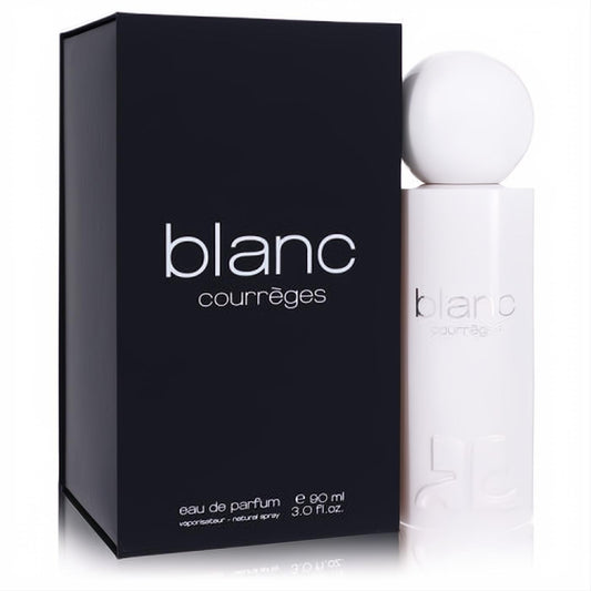 Blanc De Courreges 3 oz women's Eau De Parfum. Sleek white bottle with round cap, next to its chic black box.