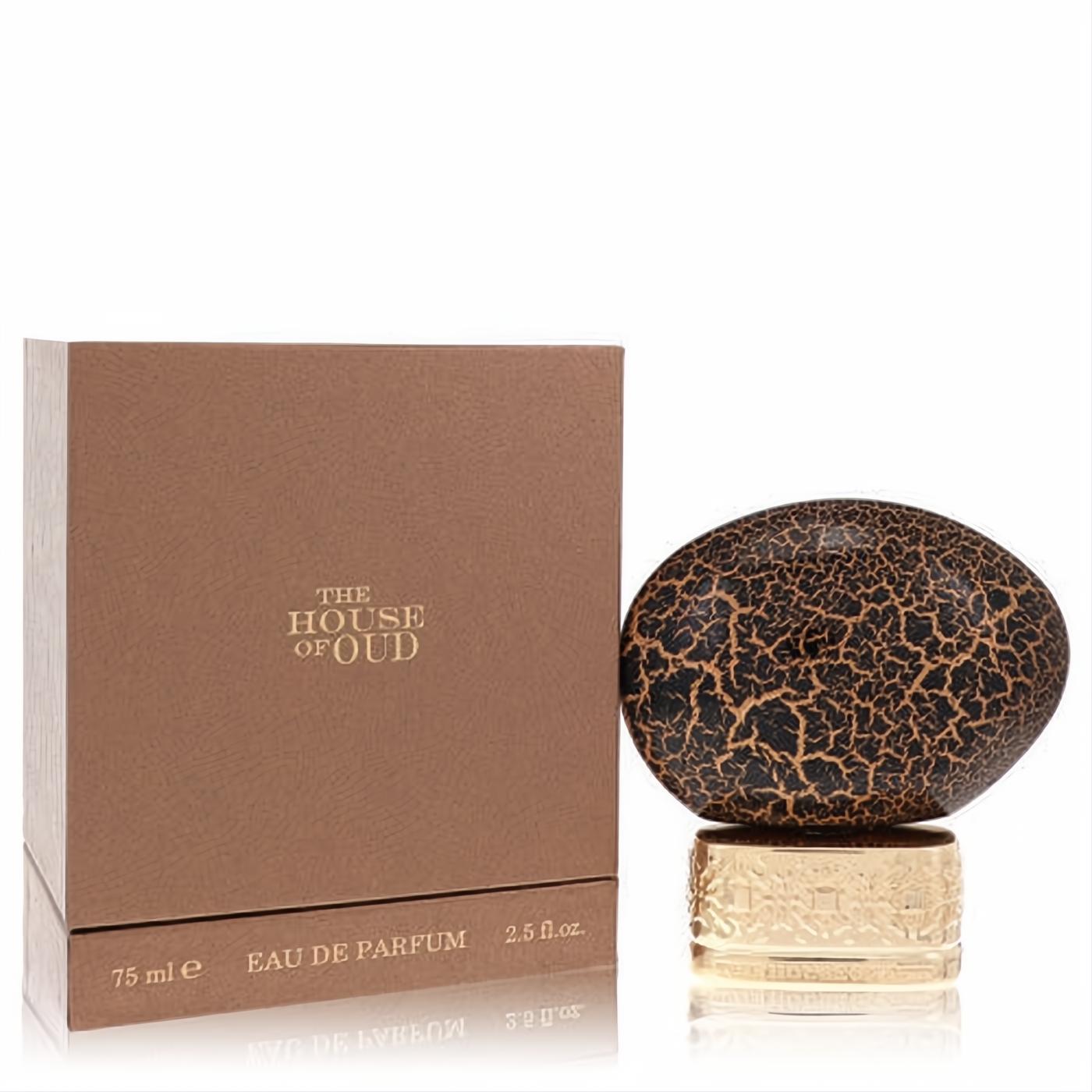 The House of Oud Blessing Silence 2.5 oz EDP. Exquisite cracked black and gold egg-shaped bottle with ornate base and elegant brown box.