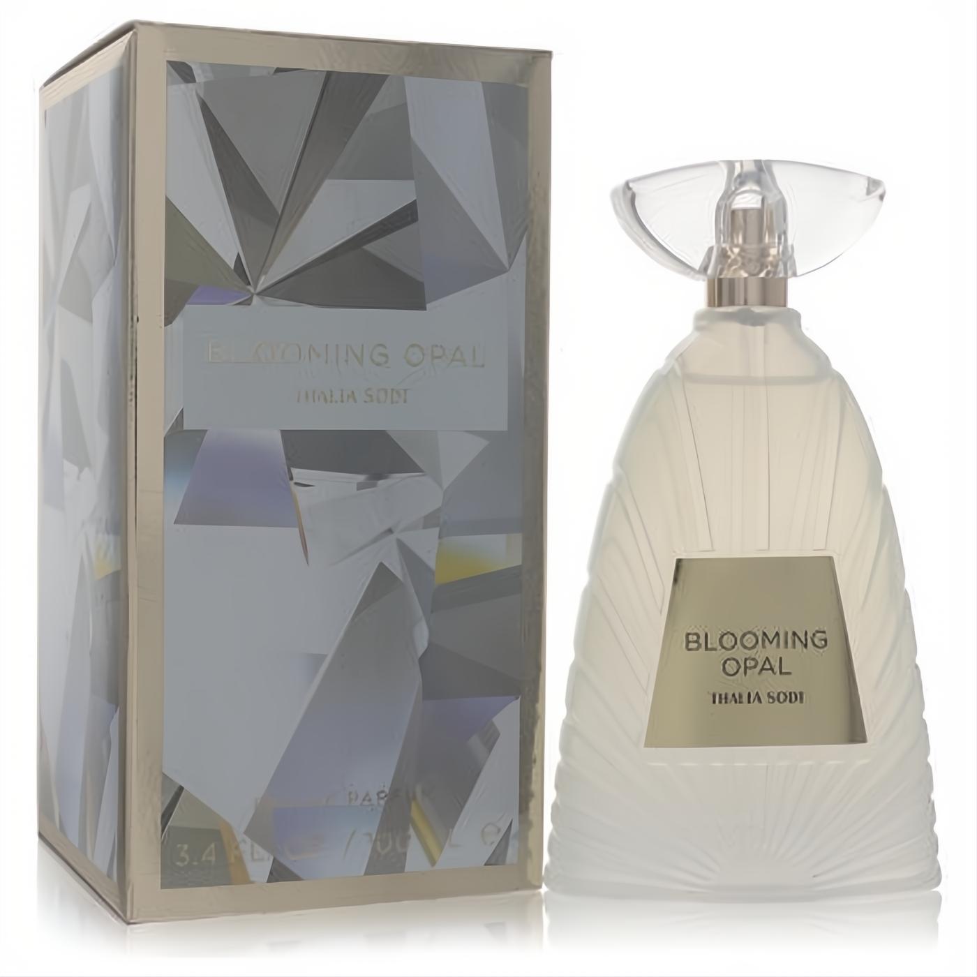 Thalia Sodi Blooming Opal 3.4 oz women's EDP. Frosted faceted bottle with unique clear cap, beside a shimmering geometric box.