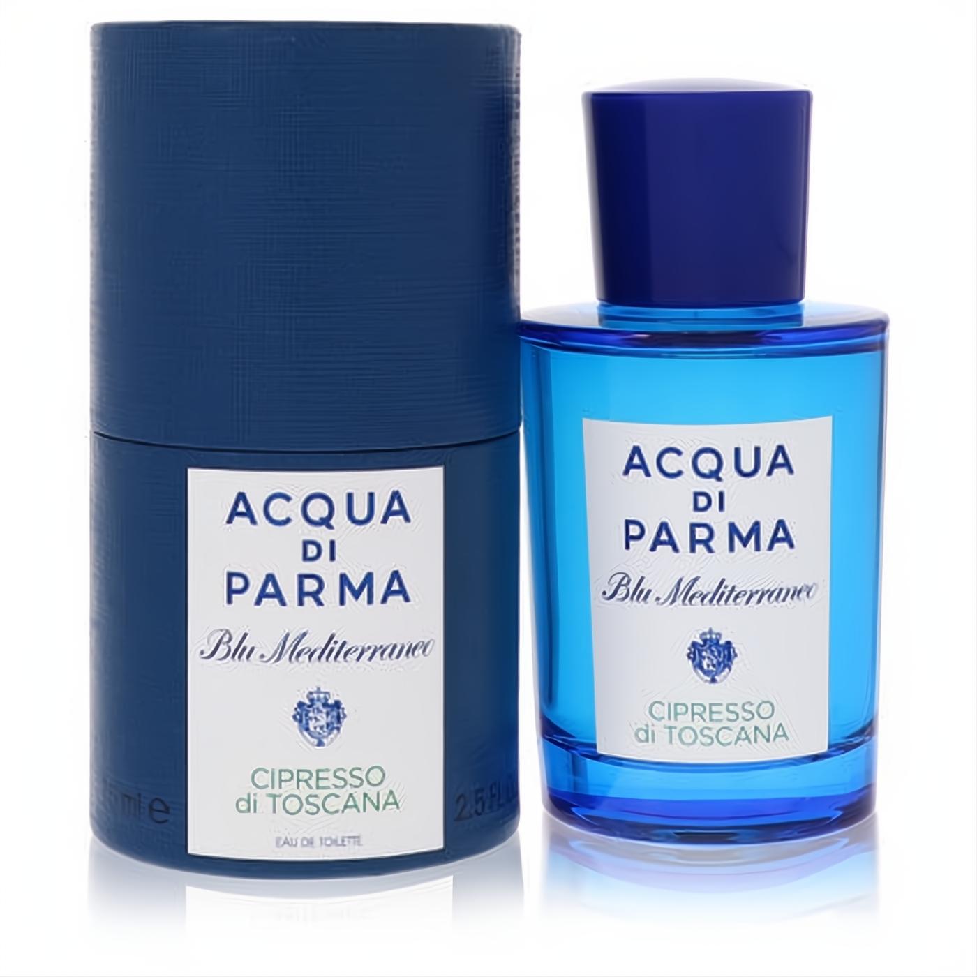Acqua Di Parma Blu Mediterraneo Cipresso Di Toscana 2.5 oz EDT. Vibrant blue glass bottle and elegant dark blue box.