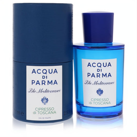 Acqua Di Parma Blu Mediterraneo Cipresso Di Toscana 2.5 oz EDT. Vibrant blue glass bottle and elegant dark blue box.
