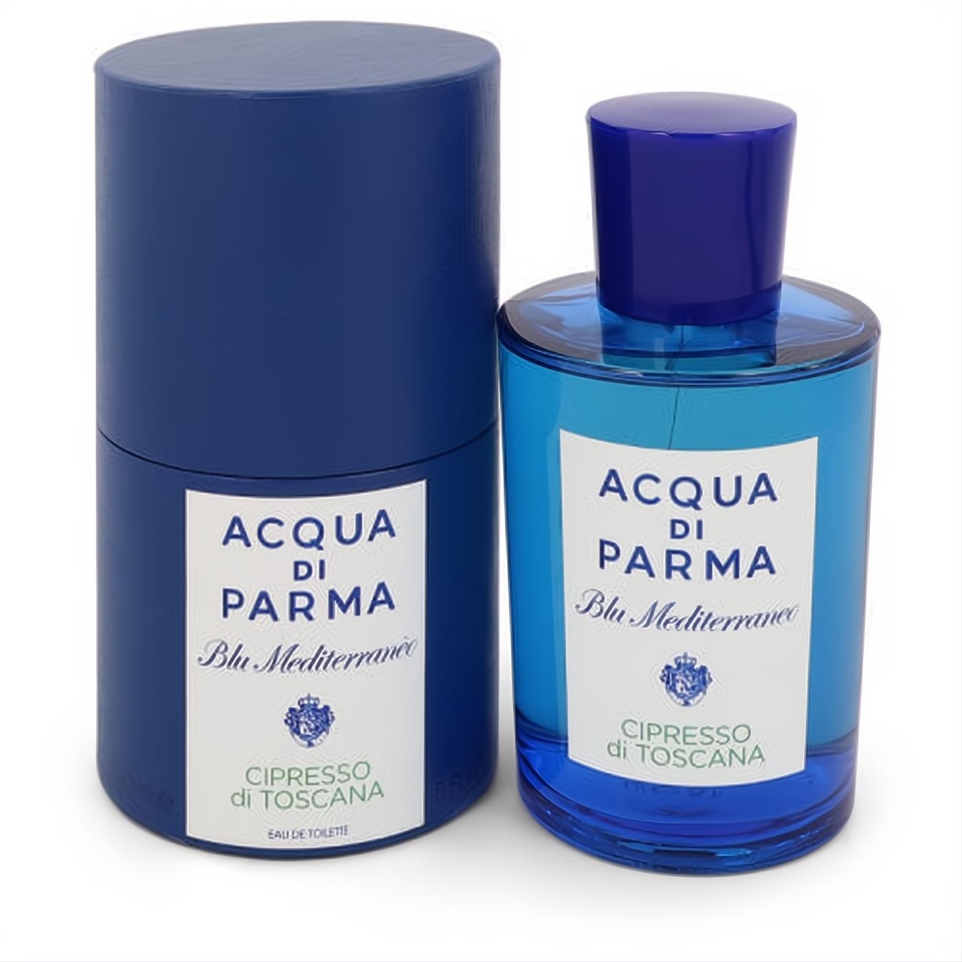 Acqua di Parma Blu Mediterraneo Cipresso di Toscana 5 oz Eau de Toilette spray. Vibrant blue glass bottle with matching cap and elegant packaging.