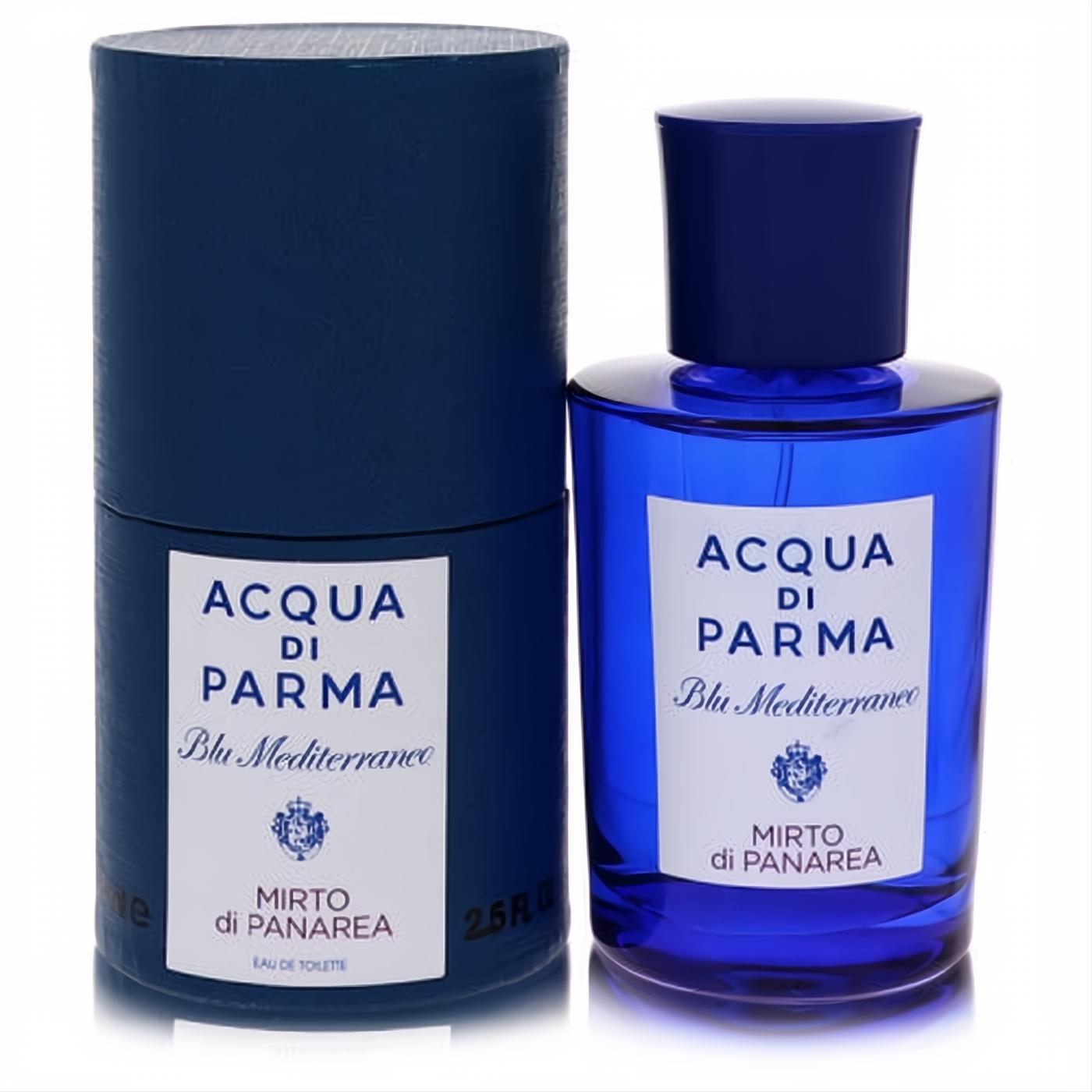 Acqua Di Parma Blu Mediterraneo Mirto Di Panarea 2.5 oz unisex EDT. Vibrant blue glass bottle and elegant matching cylindrical box.