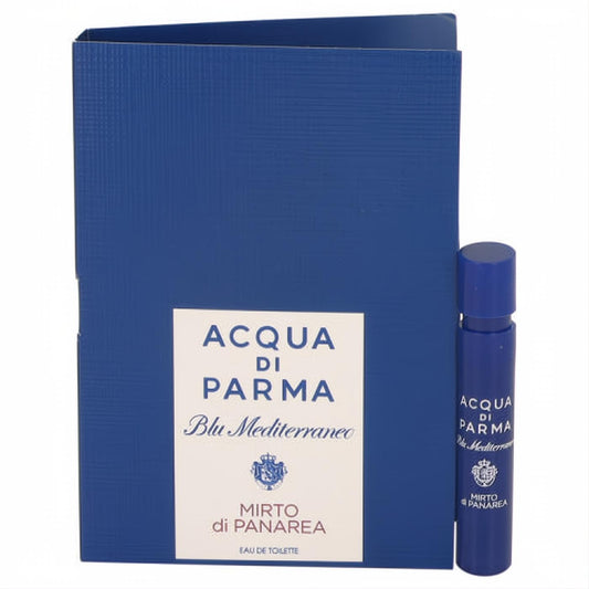 Elegant Acqua Di Parma Mirto Di Panarea .04 oz fragrance sample vial with a vibrant blue branded card.