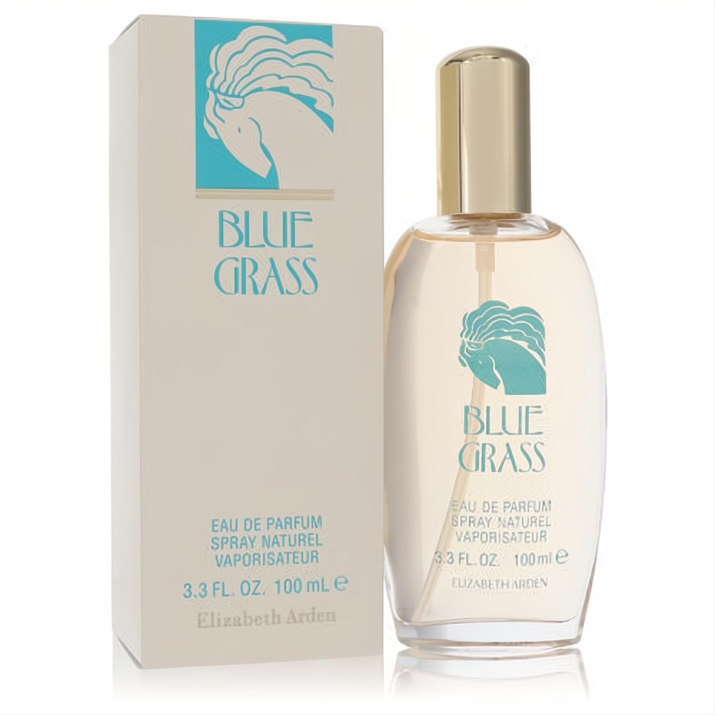 Elizabeth Arden Blue Grass Eau De Parfum 3.3 oz spray. Elegant clear bottle with gold cap and iconic teal horse logo, next to its matching cream box.