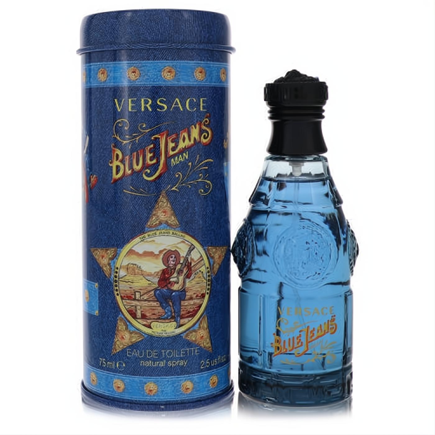 Iconic Versace Blue Jeans EDT 2.5 oz for men. Classic light blue glass bottle and matching Western-themed denim tin.