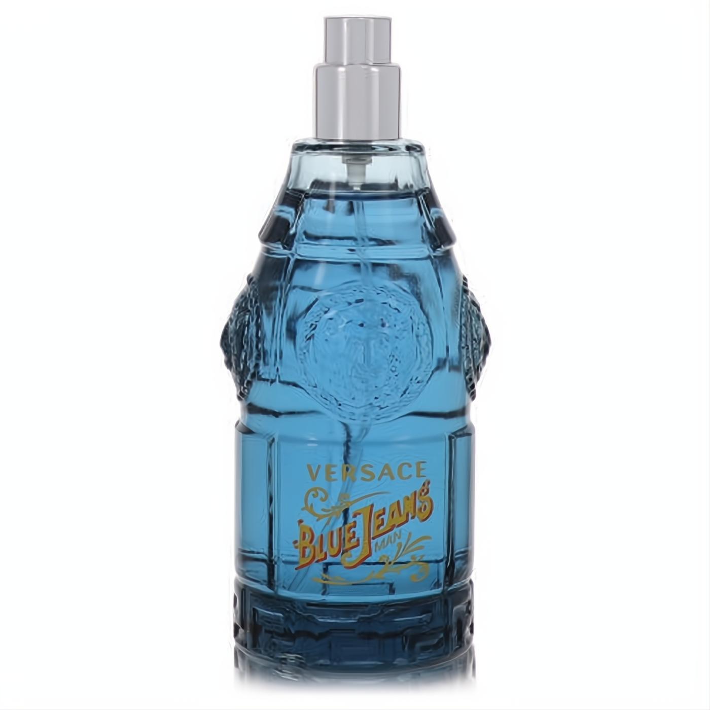 Vibrant Versace Blue Jeans 2.5 oz men's cologne. Stylish blue glass bottle with embossed Medusa and sleek silver cap.