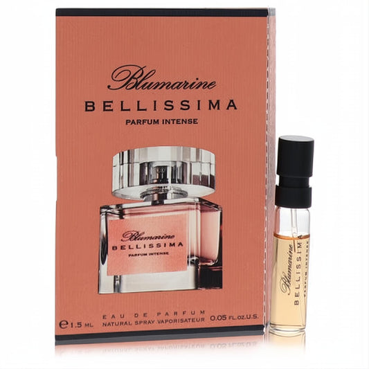 Blumarine Bellissima Intense 0.05 oz perfume sample vial, clear glass with black cap, next to its coral box.