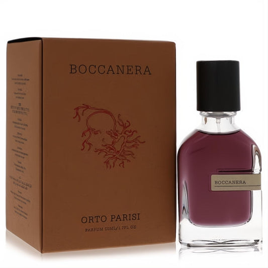 Orto Parisi Boccanera 1.7 oz unisex parfum spray: clear bottle with rich, dark red liquid, black cap, and elegant brown box.