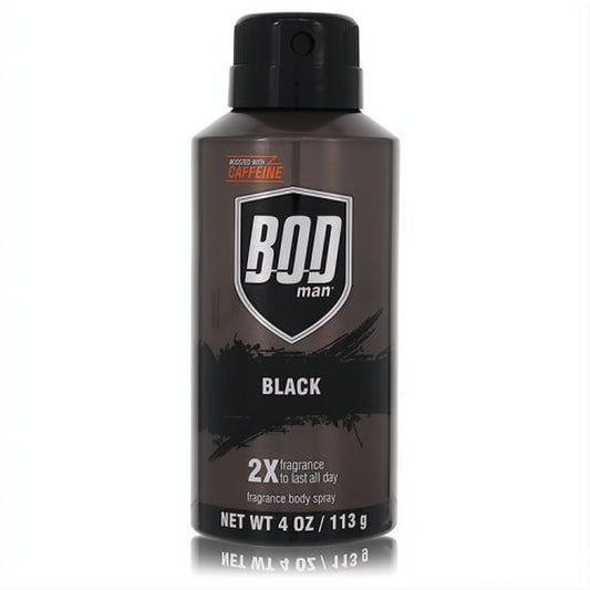 Bold Bod Man Black 4 oz body spray. Sleek dark metallic can, black cap, "BOD man" logo, 2X lasting fragrance.