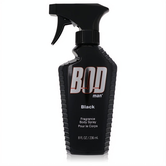 Bod Man Black 8 oz men's body spray. Masculine black plastic bottle with textured grip and trigger sprayer for confident fragrance.