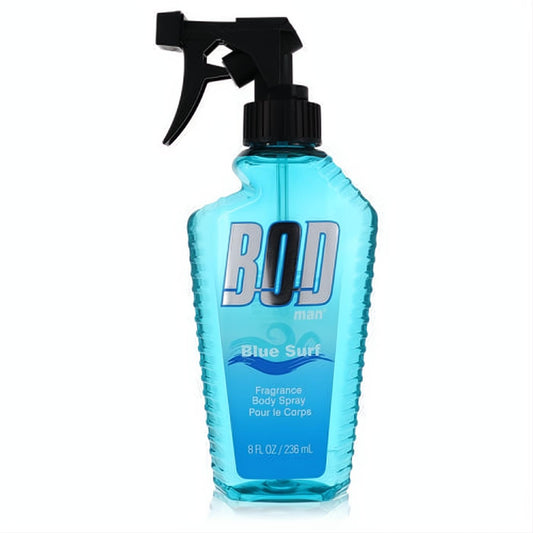 Experience Bod Man Blue Surf 8 oz body spray in its distinctive translucent blue bottle with ergonomic ridges and black trigger.