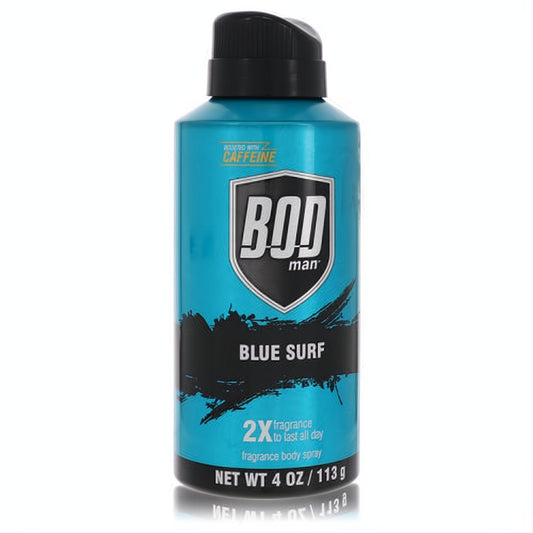 Bold Bod Man Blue Surf 4 oz men's body spray. Bright blue metallic can, black cap, dynamic surf graphic, 2X long-lasting fragrance.
