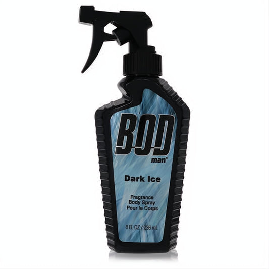 Bod Man Dark Ice 8 oz men's body spray in a sleek black bottle with a captivating blue icy label and trigger.