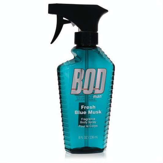 Bod Man Fresh Blue Musk 8 oz men's body spray. Sleek blue ribbed bottle with black trigger for a refreshing scent.