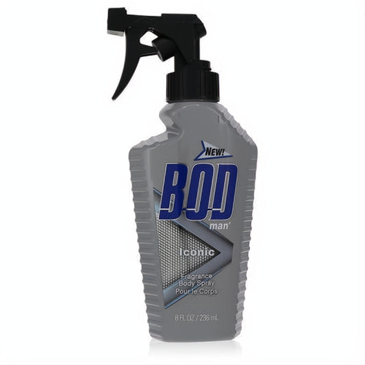 New Bod Man Iconic 8 oz men's body spray in a sleek gray contoured bottle with black trigger and bold blue logo.