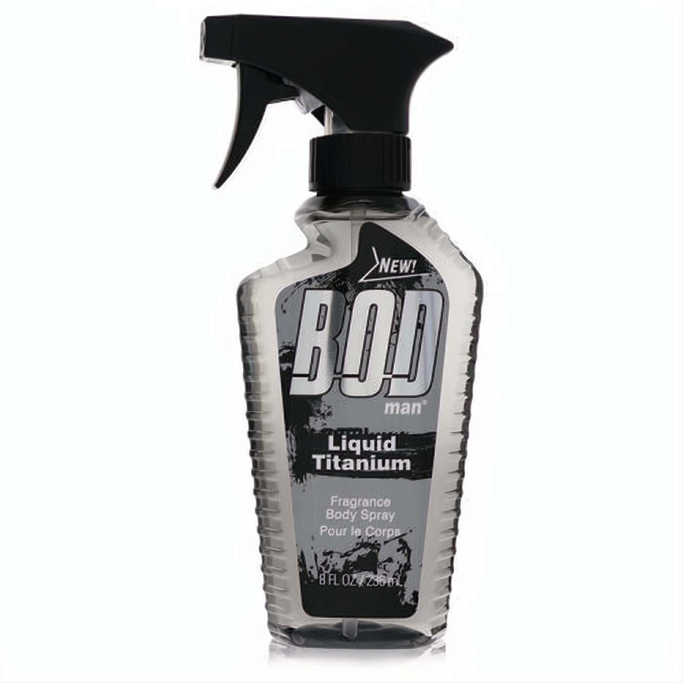Bod Man Liquid Titanium 8 oz men's body spray. Dynamic clear bottle, bold black/grey label, and ergonomic black trigger sprayer.