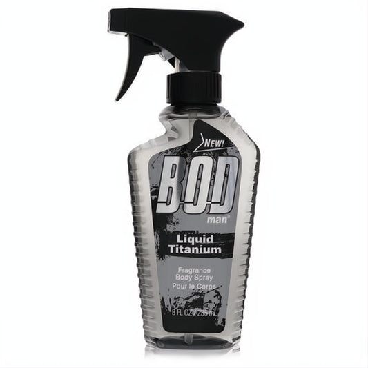 Bod Man Liquid Titanium 8 oz men's body spray. Dynamic clear bottle, bold black/grey label, and ergonomic black trigger sprayer.
