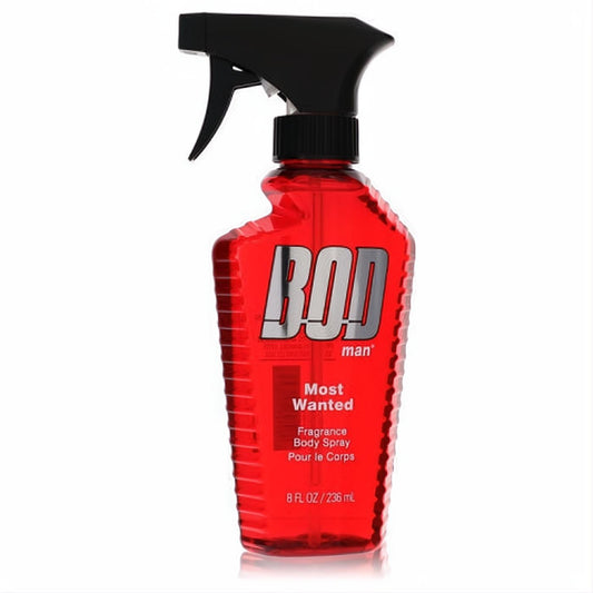 Bold red Bod Man Most Wanted 8 oz fragrance body spray with a sleek black trigger sprayer and ergonomic design.